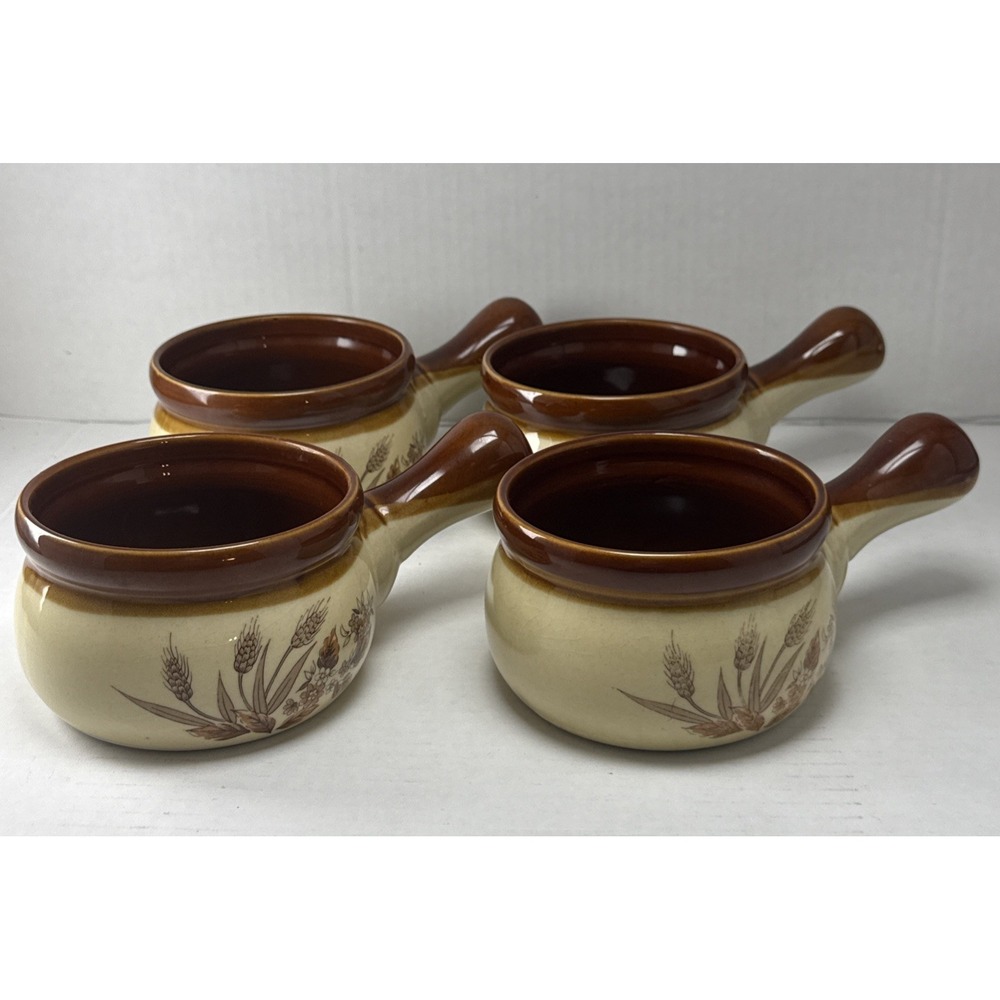 Stoneware Soup Bowl With Handle 4" Lot Of 4 Autumn Wheat Print Vintage Japan